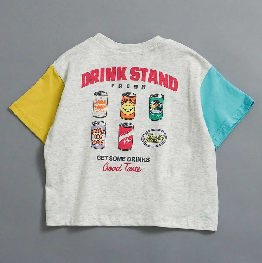 100%棉 美式印花短袖上衣-撞色-淺灰x藍x黃