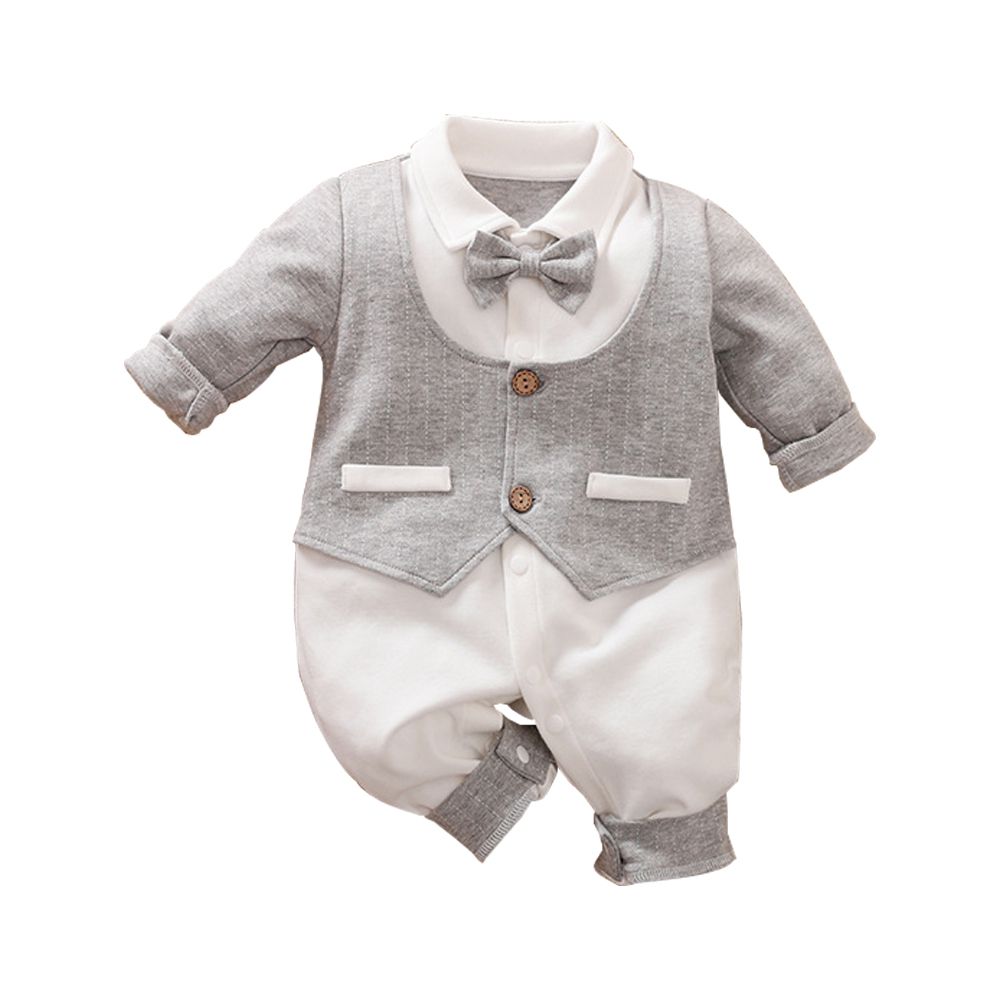 寶寶西裝連身衣 卡其紳士 長袖包屁衣-麻灰紳士
