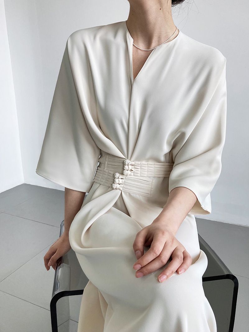 垂墜收腰綁帶直筒連衣裙-霧藍色