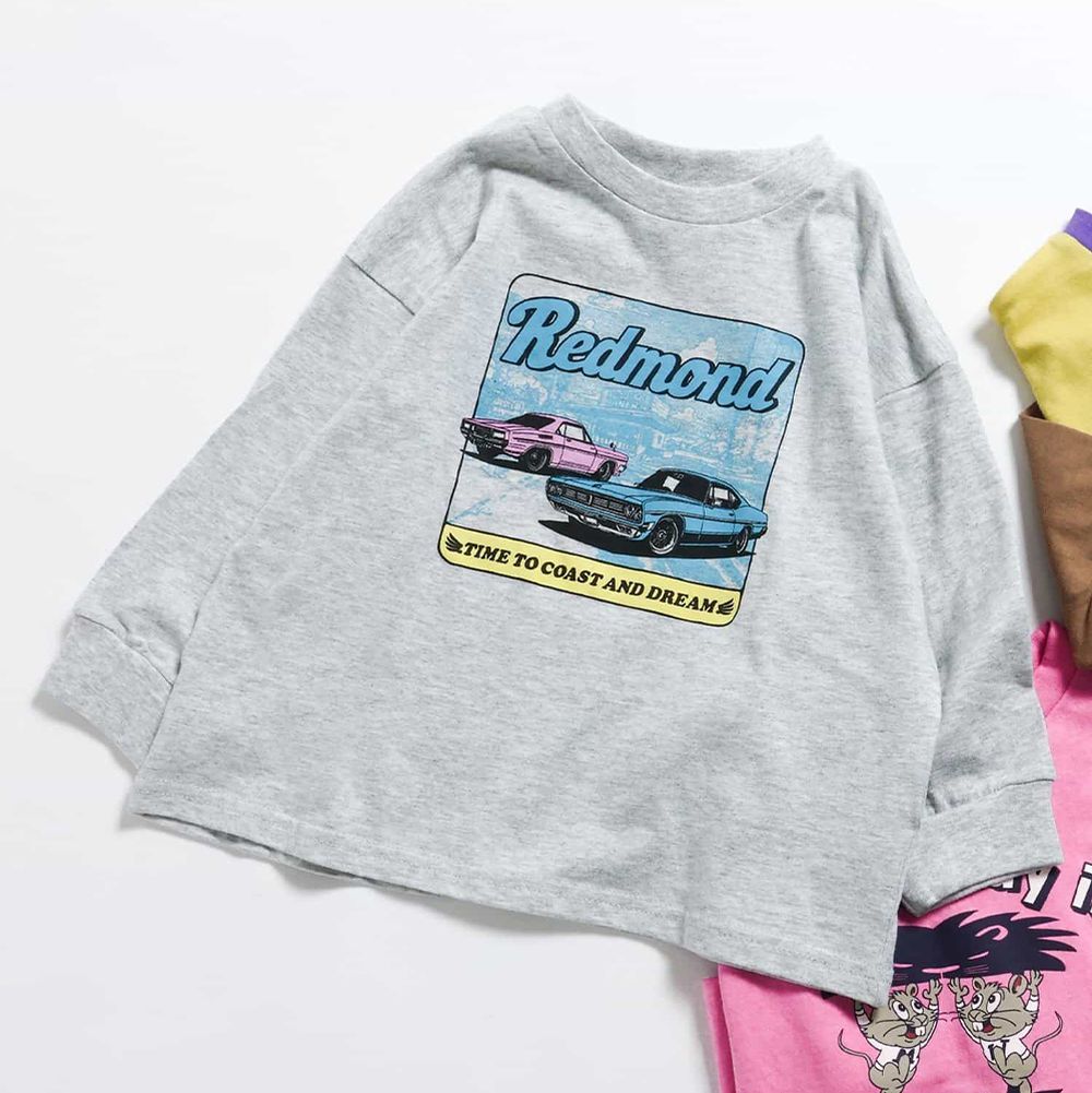 春季俏皮印花薄長袖上衣-帥氣老爺車-淺灰