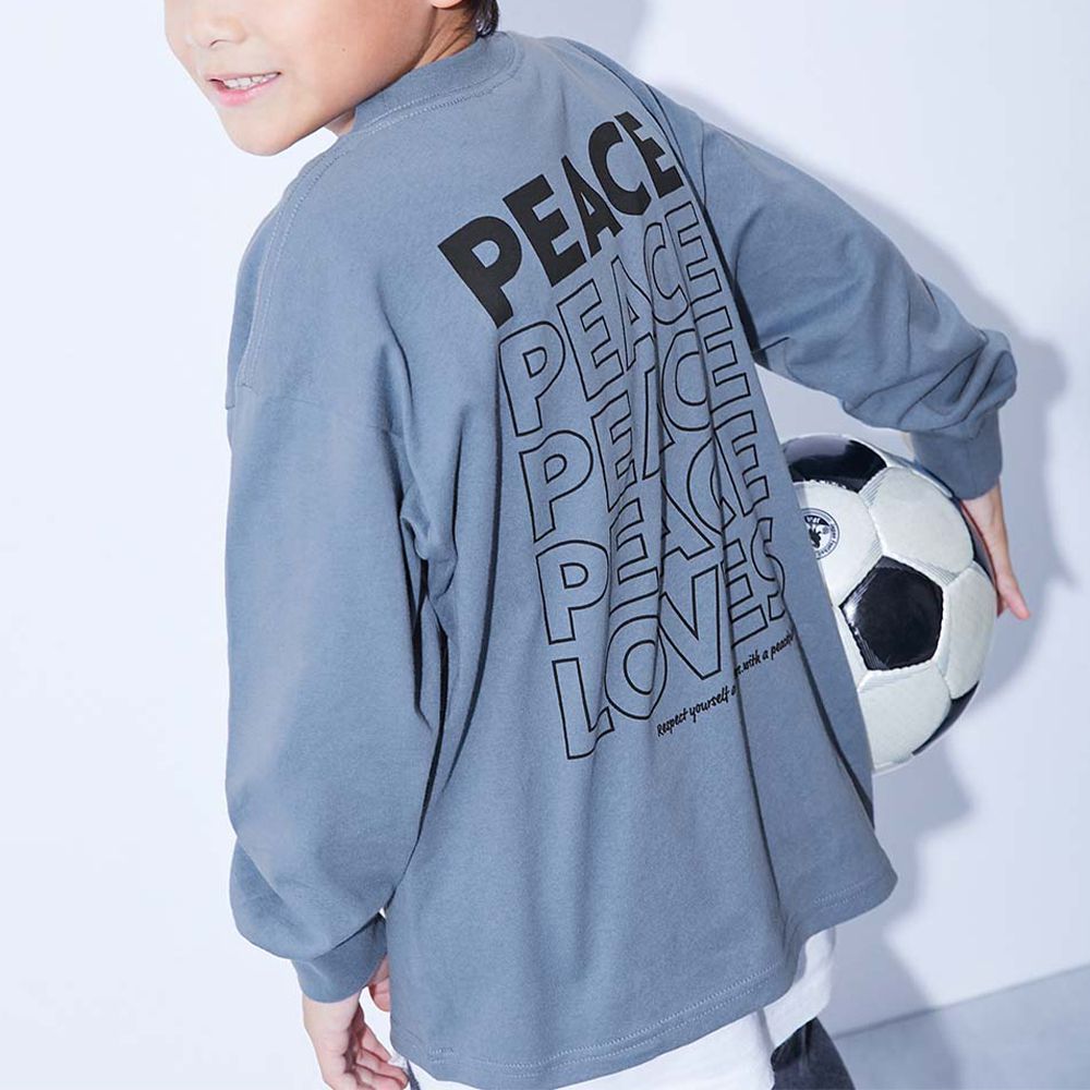 100%棉 寬鬆版型縮口長袖上衣-多重PEACE-灰藍