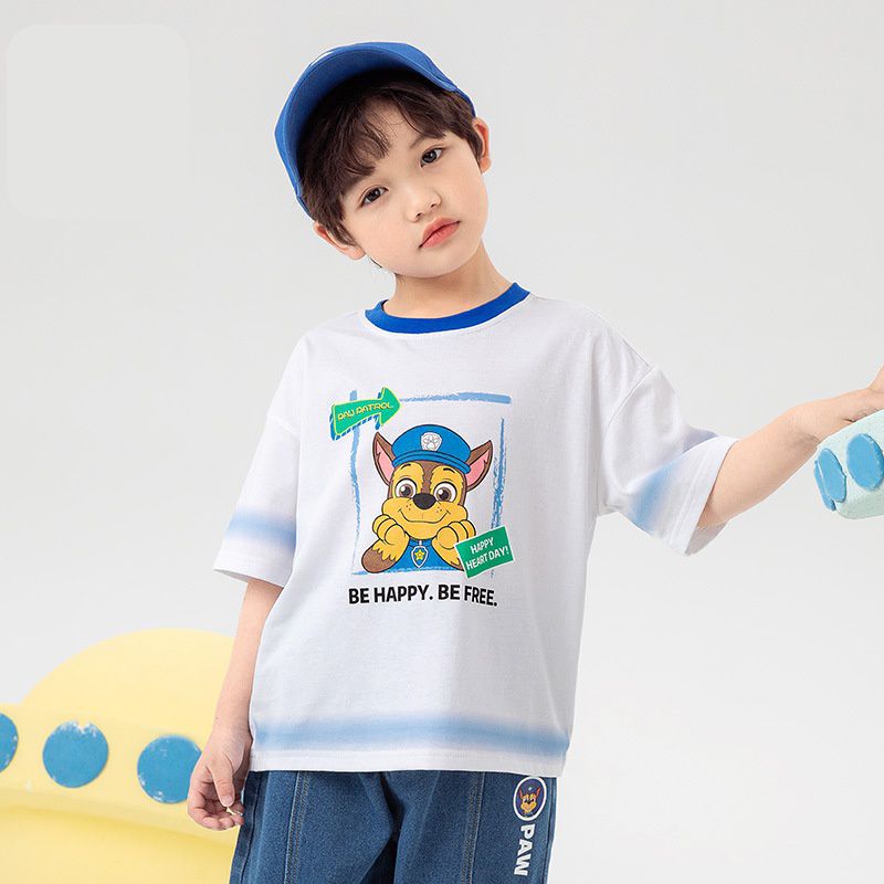 汪汪隊漫畫風圓領短袖上衣-卡通人物阿奇+毛毛-白+藍