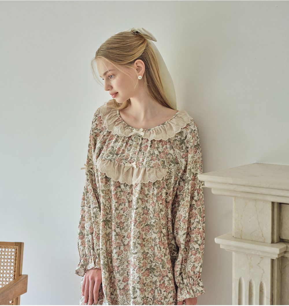 韓國 ULLALA - 絕美公主純棉長袖睡衣-(洋裝式)-奶油色 (FREE)