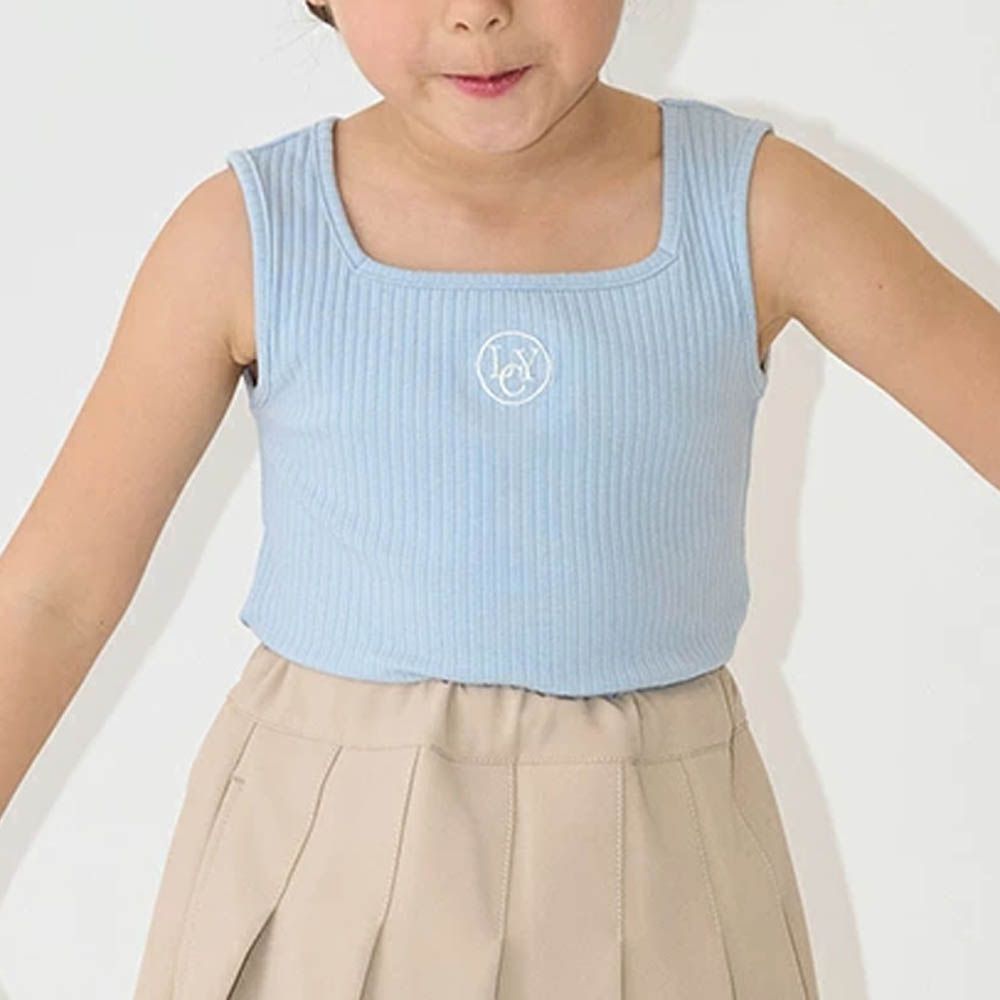 品牌刺繡羅紋方領無袖上衣-藍