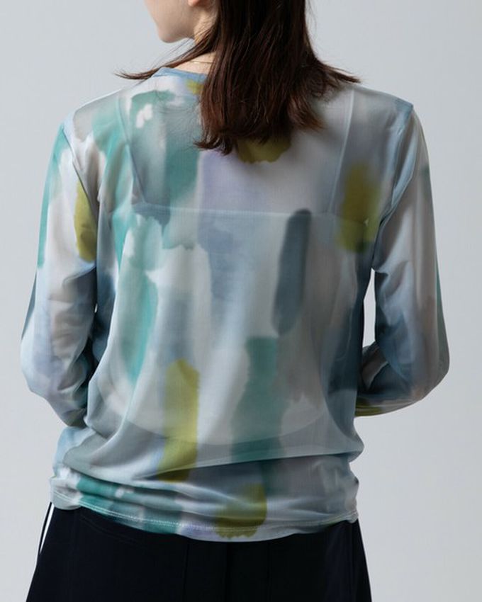 日本 gleam - 水彩畫風透膚休閒長袖上衣-深棕x藍系