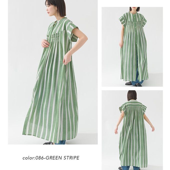 日本 OMNES - 100%印度棉 輕盈襯衫式短袖洋裝-綠條紋