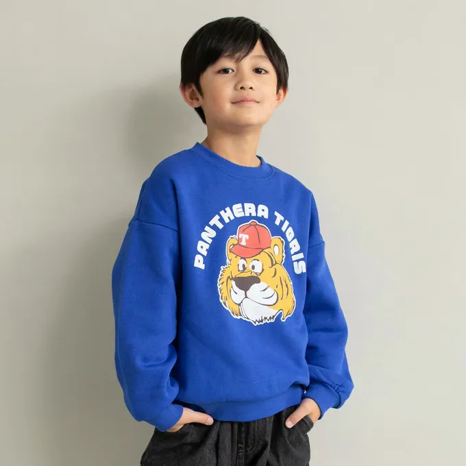 日本 BRANSHES - 裏起毛 舒適縮口長袖上衣-老虎-寶藍