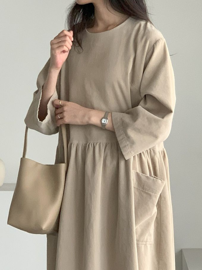 韓國女裝連線 - 極簡大口袋燈芯絨連身洋裝-米杏 (FREE)