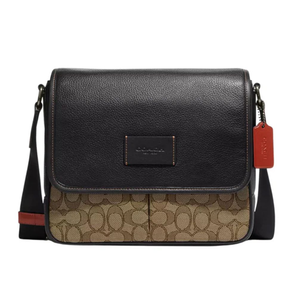 緹花拼接皮革翻蓋斜背包 (卡其黑)