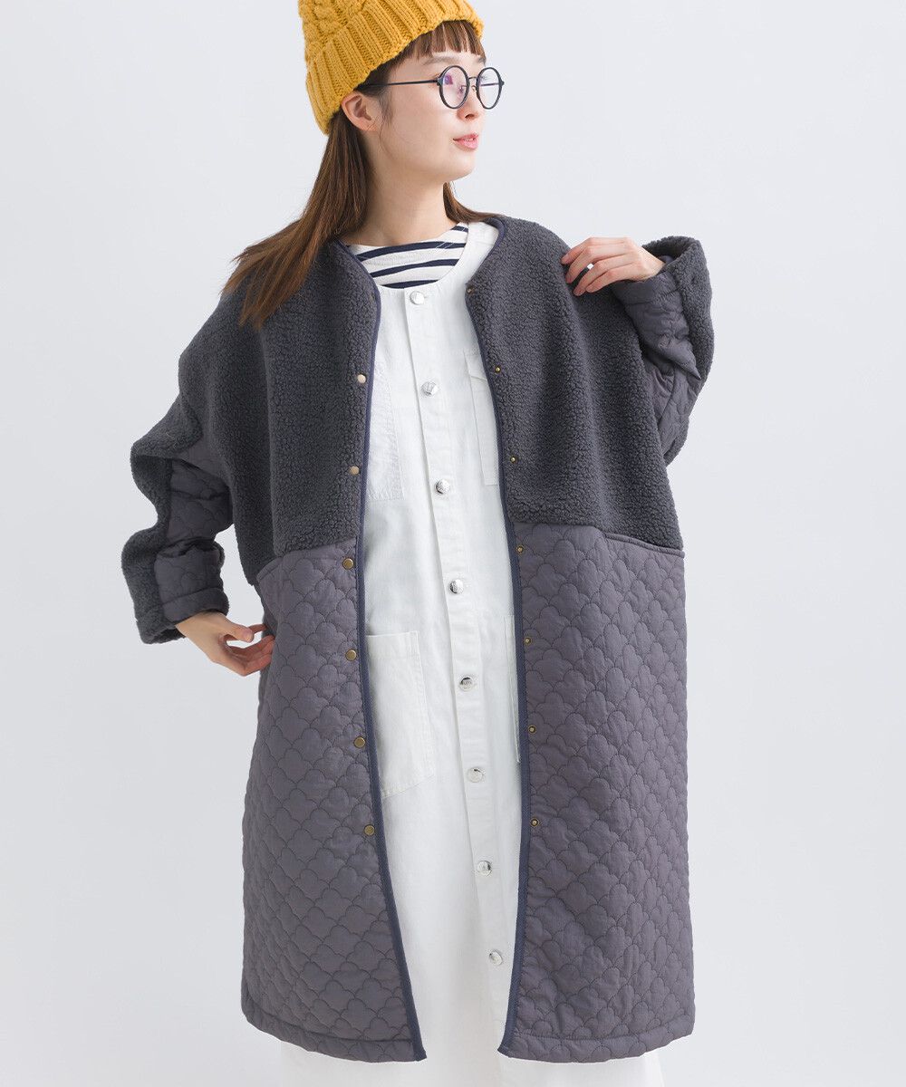 日本女裝代購 - 毛茸雲朵絎縫拼接長版鋪棉外套-軍綠