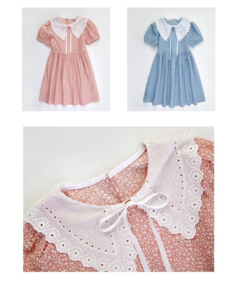 娃娃領短袖洋裝-碎花紋路-淺藍色