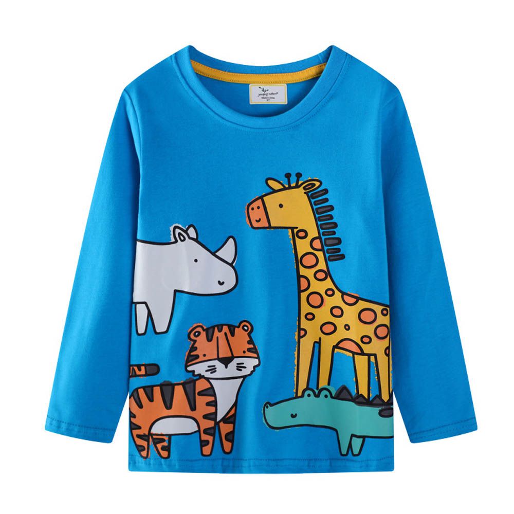 圓領棉質長袖上衣-卡通動物-藍色