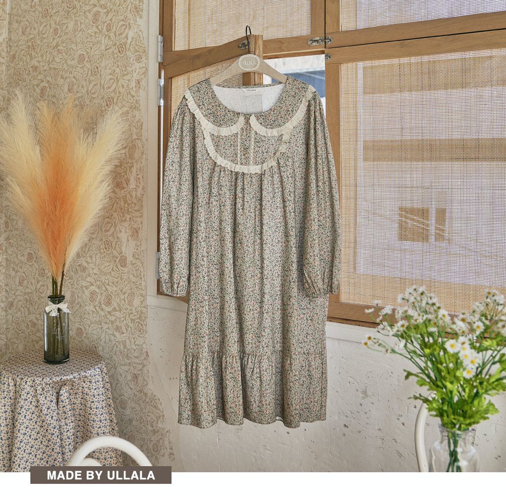 韓國 ULLALA - 浪漫碎花純棉長袖睡衣-(洋裝式)-薄荷綠 (FREE)