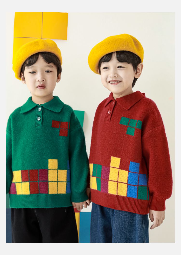 TONGMO - 復古Polo翻領針織長袖毛衣-俄羅斯方塊-黑色