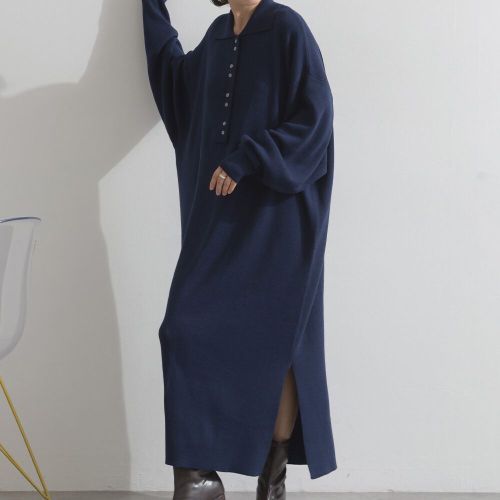 氣質排扣polo衫針織長袖洋裝-海軍藍