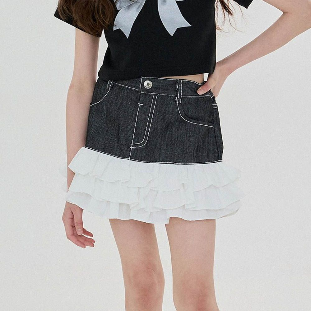 後鬆緊丹寧拼接層次蛋糕裙-黑灰X白