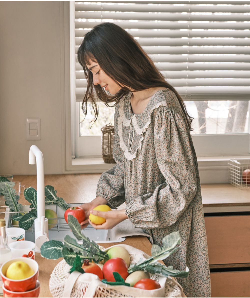 韓國 ULLALA - 浪漫碎花純棉長袖睡衣-(洋裝式)-薄荷綠 (FREE)