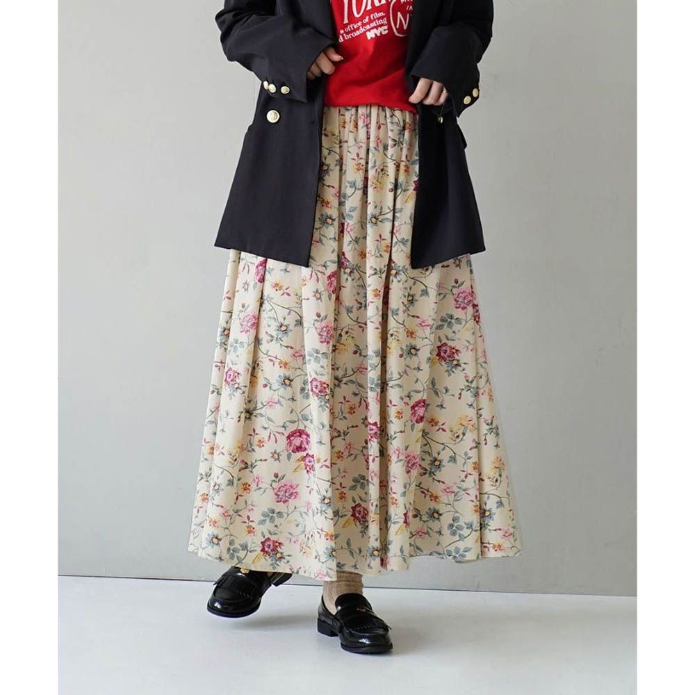 復古美型人字紋花卉鬆緊長裙(有口袋)-米杏