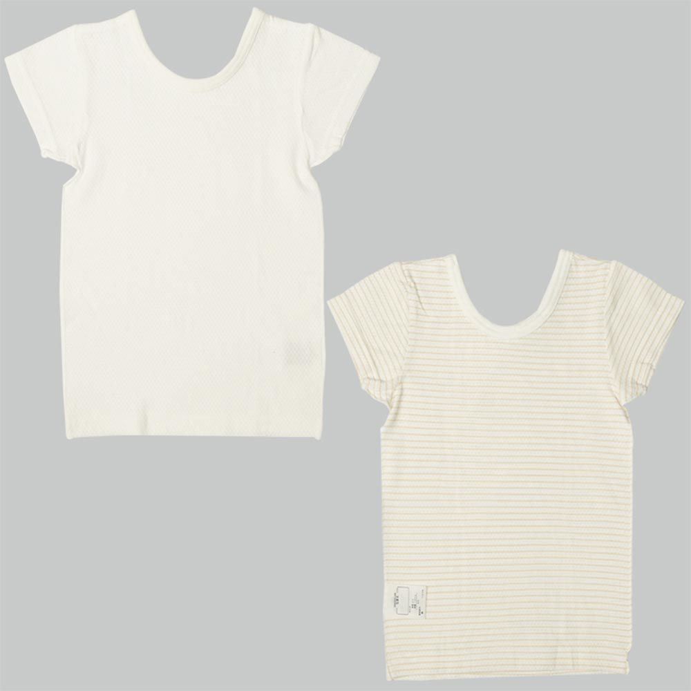akachan honpo - 短袖圓領上衣2件組-網眼 橫紋-米白色