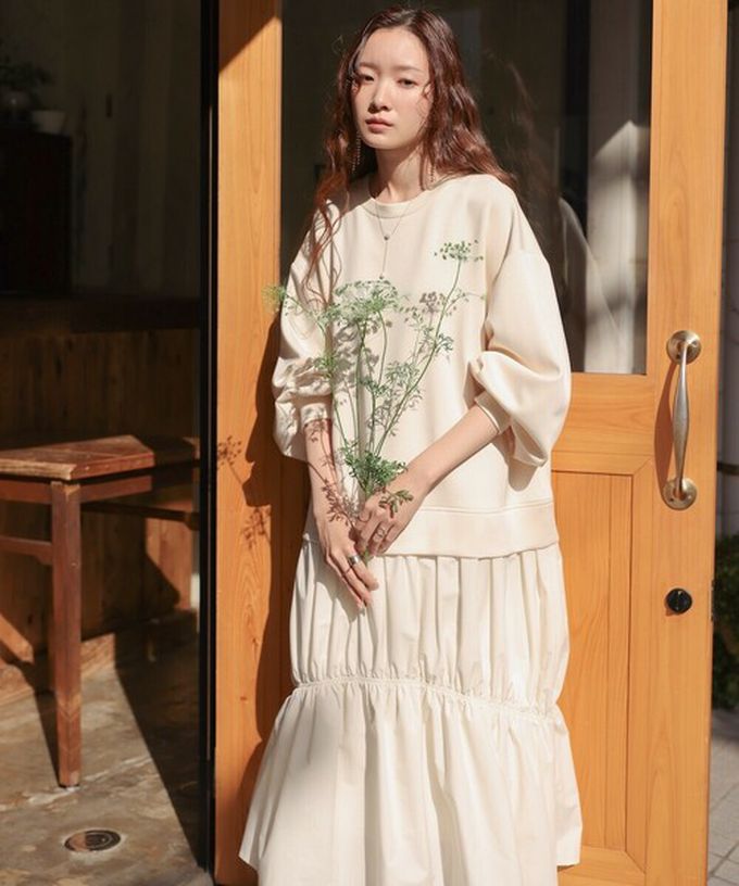 日本 Bab - 柔美造型皺摺拼接長袖洋裝-淺杏