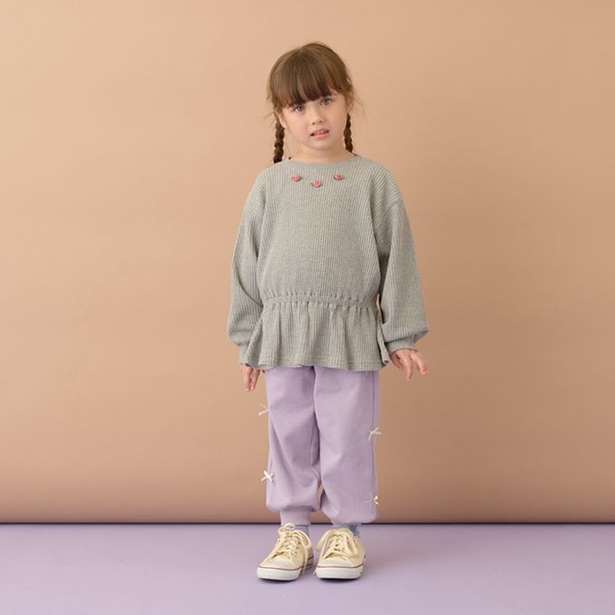 日本 Lycee mine - 華夫格領口小花束腰長袖上衣-淺藍