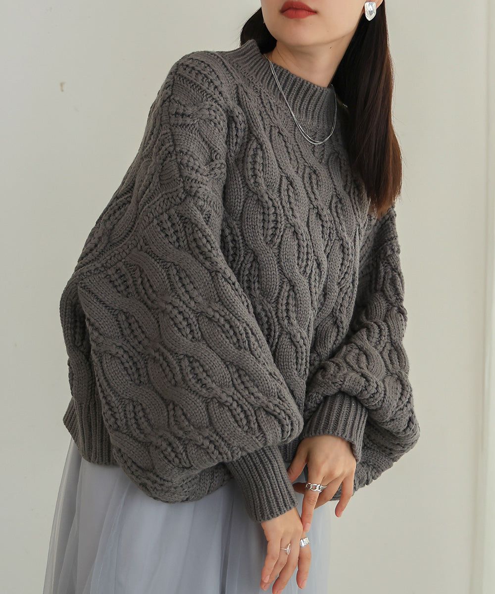 日本 Bab - 麻花編織圓領泡泡袖毛衣-粉膚