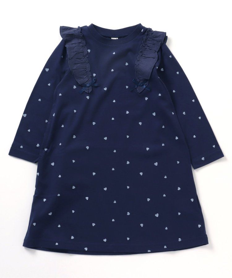 日本 apres les cours - 肩部荷葉印花薄長袖洋裝-愛心-海軍藍