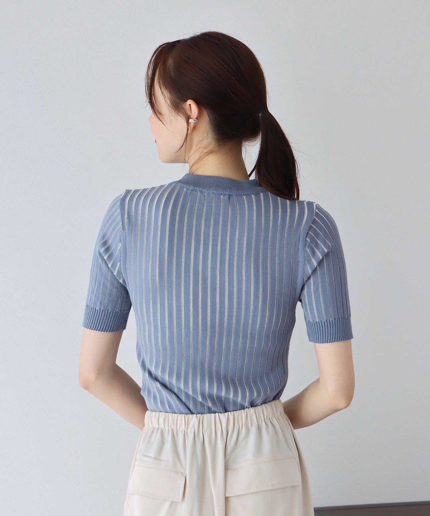 日本 BLUE EAST - 彈性寬羅紋薄針織短袖上衣-淺粉x白