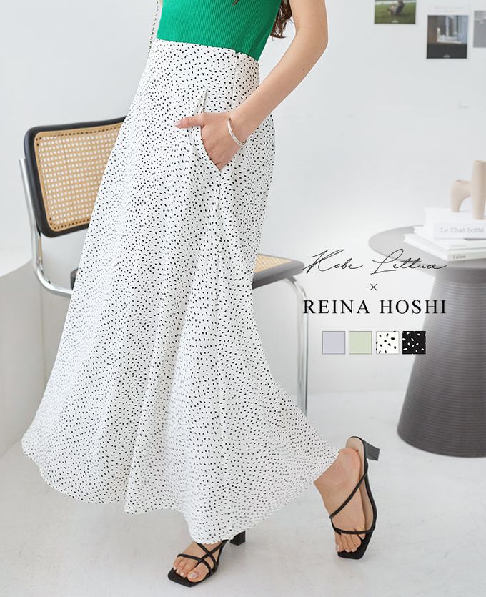 日本 Kobe Lettuce - 聯名款 女神優雅飄逸長裙(附綁帶)-斑點x白