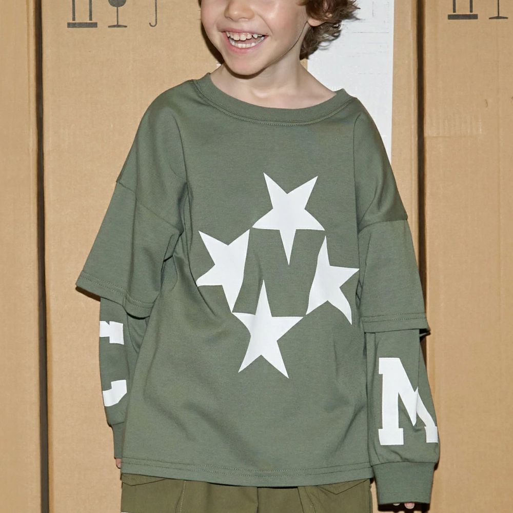 正反兩穿 吸水速乾數字印花長袖上衣-軍綠