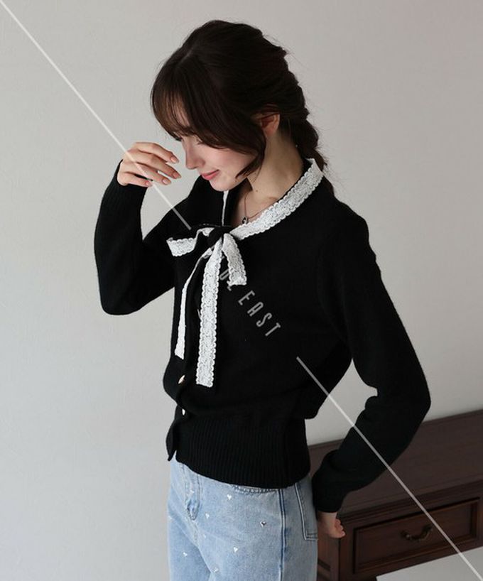 日本 BLUE EAST - 少女爛漫蕾絲蝴蝶結開襟衫-灰