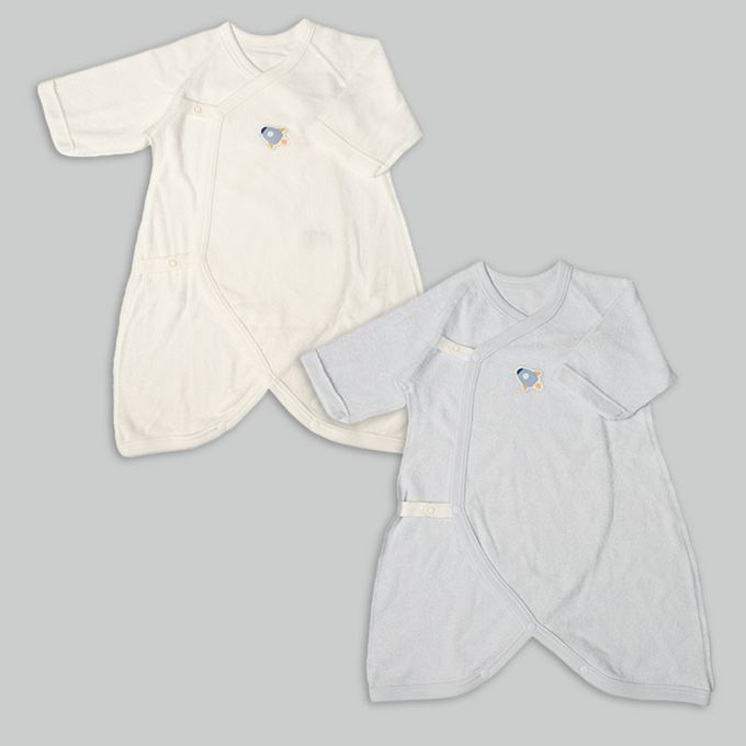 akachan honpo - 長袖新生兒內衣4件組-按扣款 毛圈布 火箭-淺藍色 (50~60cm)