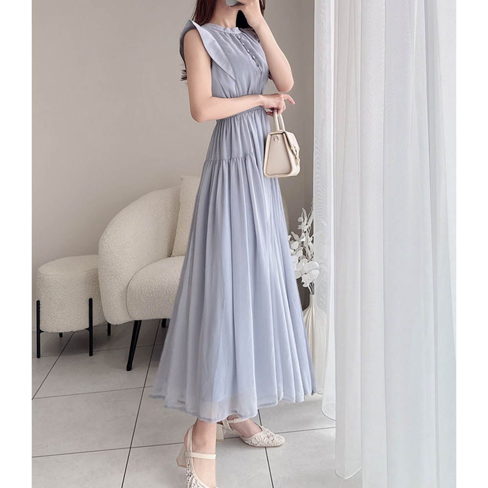 飄逸楊柳雪紡立領無袖洋裝-氣質藍