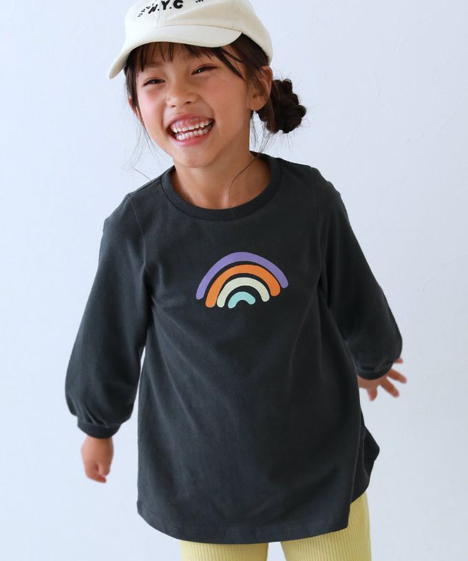 日本 devirock - 100%棉 女孩印花微長版上衣-馬卡龍-灰白