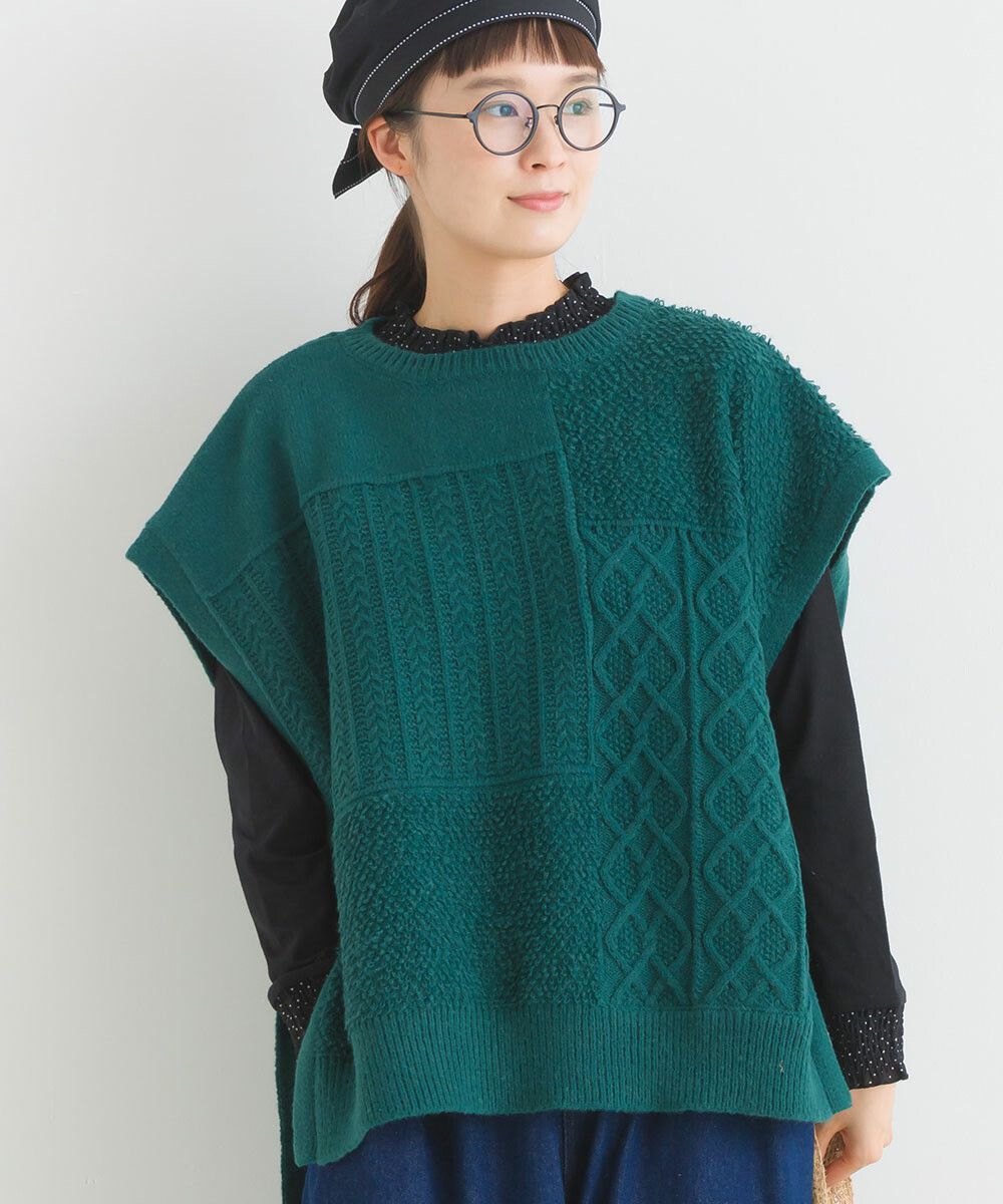 日本女裝代購 - 圓領編織紋拼接針織背心-咖啡