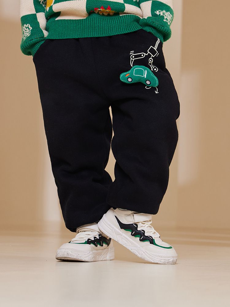 加絨腰鬆緊休閒保暖束口長褲-夾娃娃機恐龍-深藍色