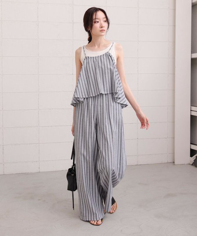 日本 Bab - 簡潔舒適混棉細肩帶長褲套裝-條紋-卡其杏 (M)
