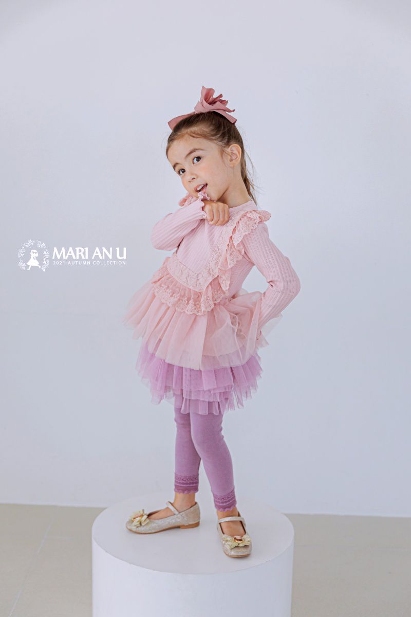 韓國 Mari an u - 荷葉蕾絲滾邊針織網紗拼接上衣-粉紅