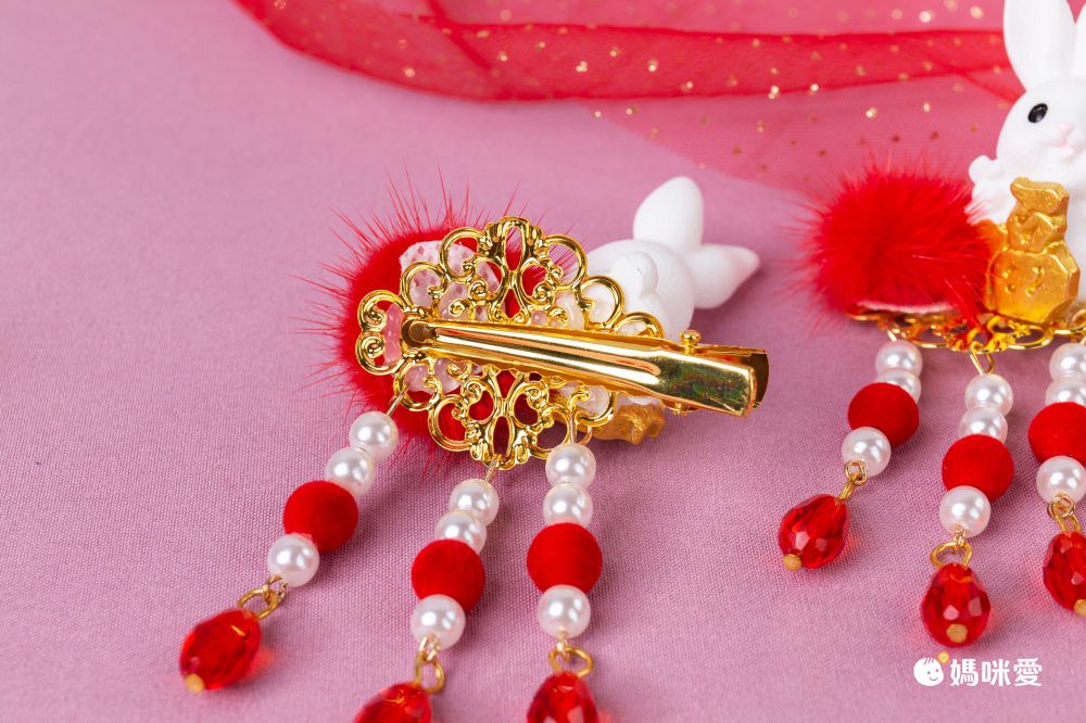 兔年喜氣洋洋拜年兒童髮飾-蝴蝶結+小金兔-紅色