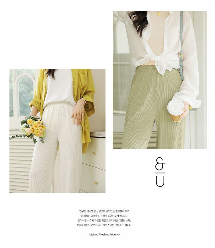 高腰垂墜落地寬褲/皺皺褲-黑色