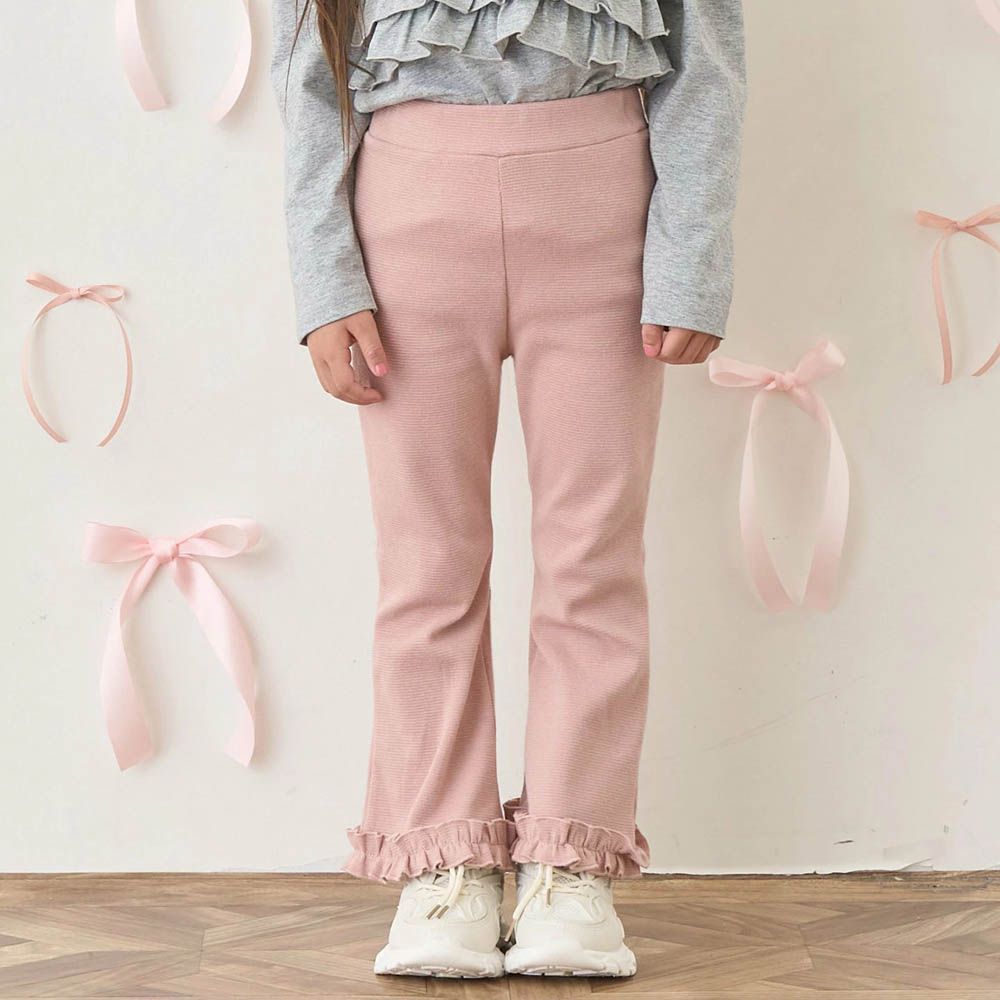 彈力荷葉邊微喇叭長褲-粉紅