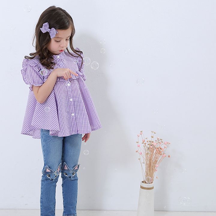 日本 Maison de Ravi - 小淑女格子荷葉邊短袖襯衫-寶貝粉