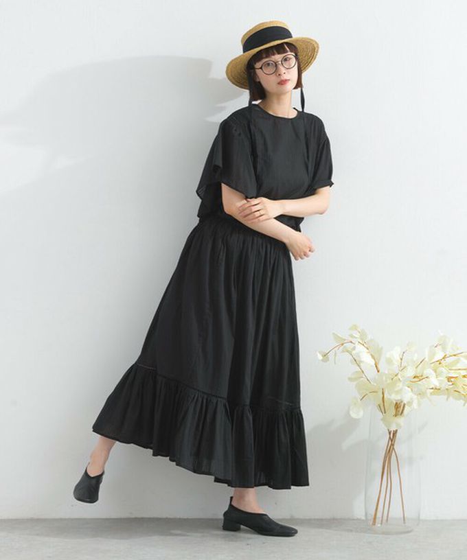 日本 Lupilien - 100%印度棉 飄逸緹花下擺鬆緊長裙-黑