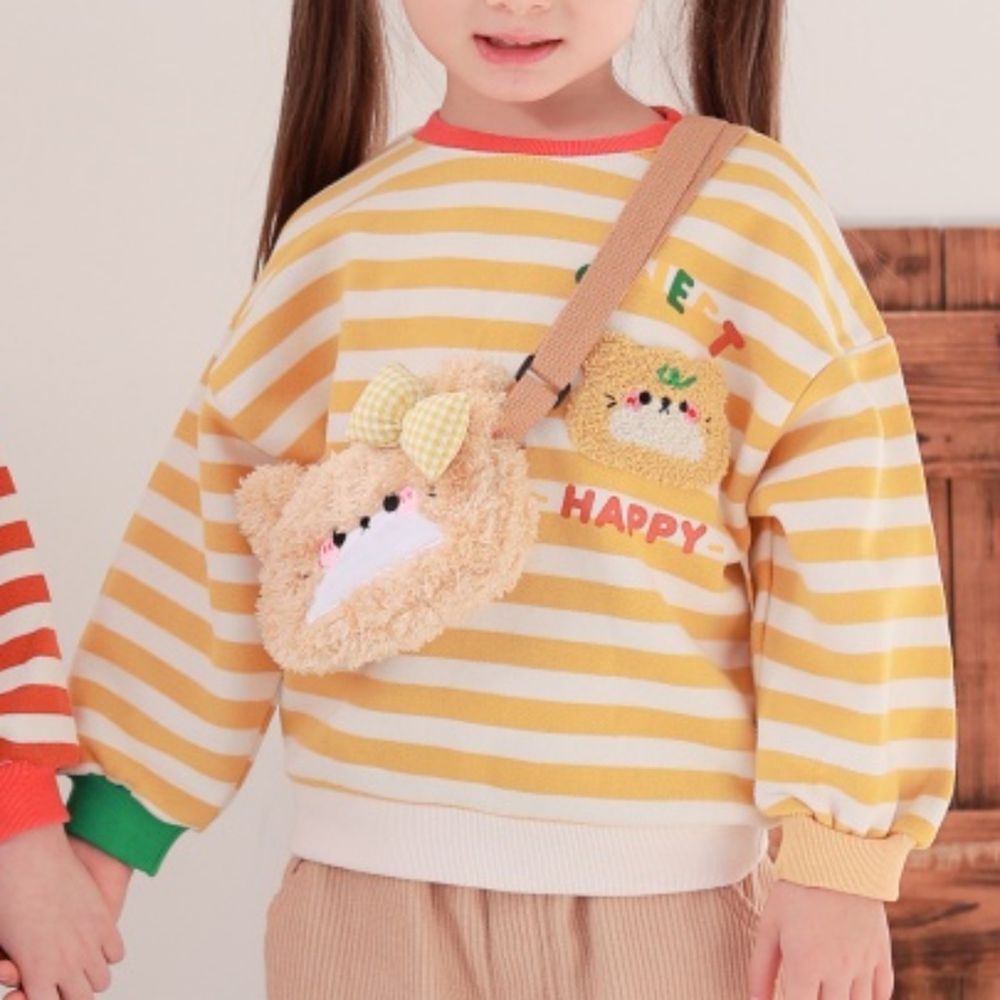 Coco rabbit (附包包,內磨毛)動物條紋長袖大學T-毛毛貓咪-芥黃