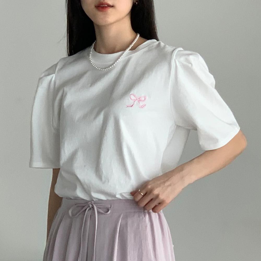 韓國女裝連線 - 蝴蝶結刺繡公主袖上衣-白 (FREE)