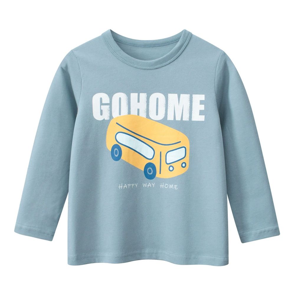 純棉長袖上衣-可愛巴士-藍色