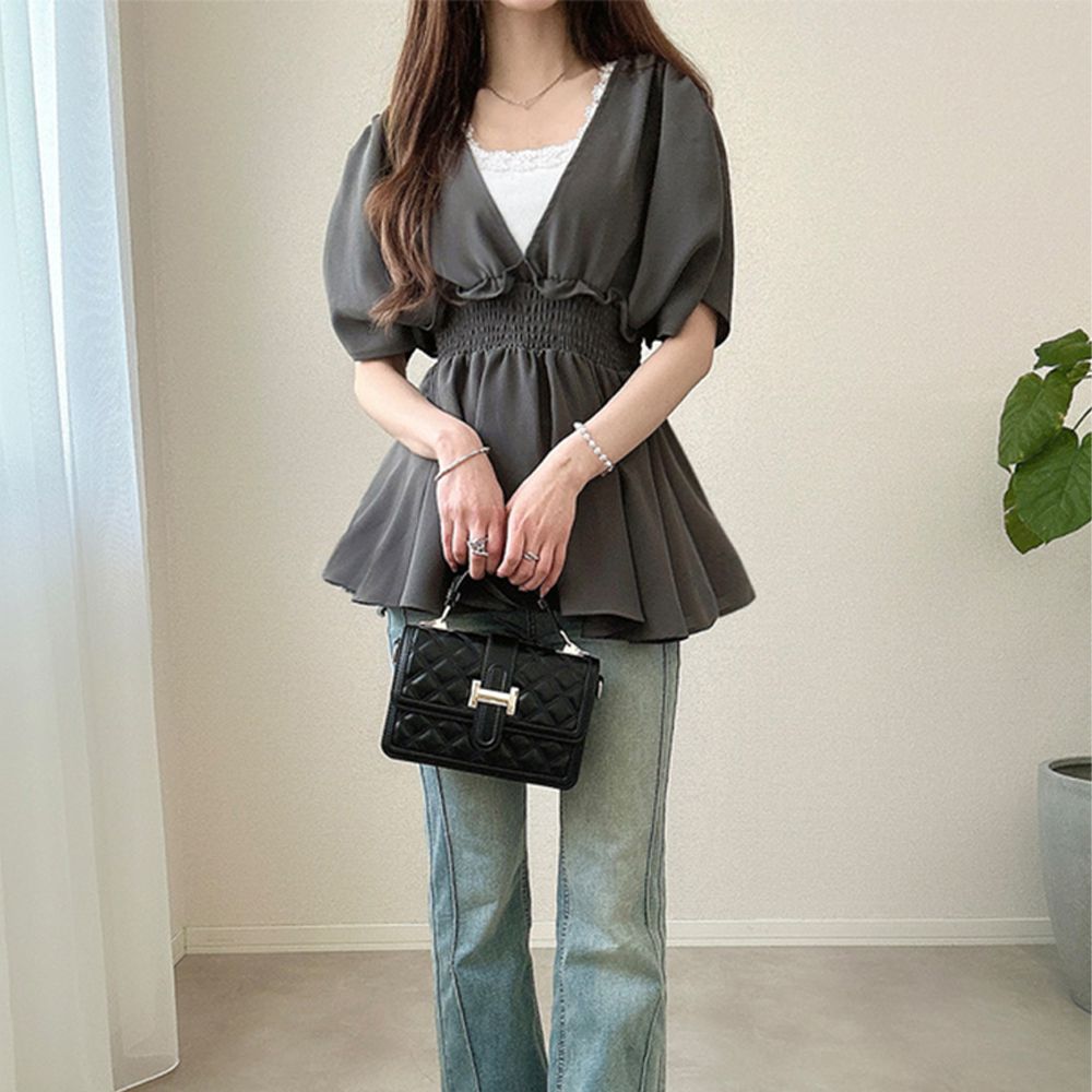 女神風大V領束腰短袖上衣-炭灰 (F)