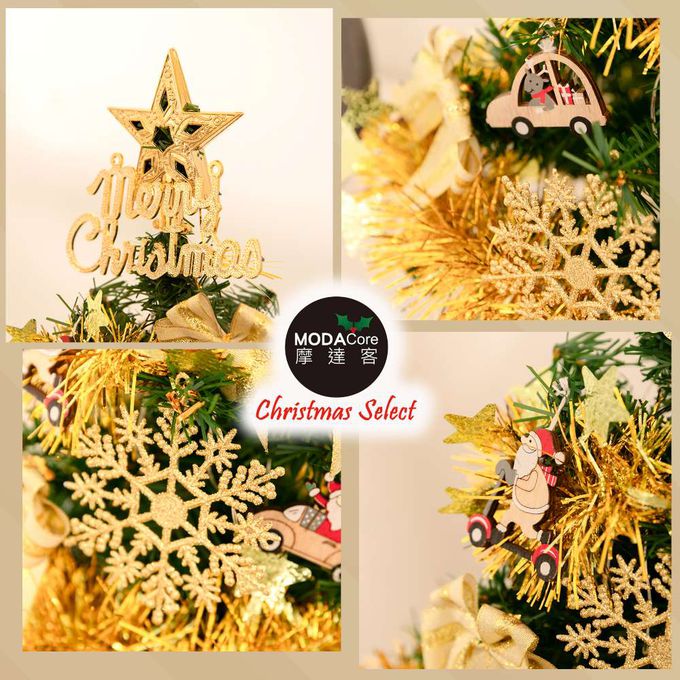 MODACore 摩達客 - 摩達客2尺/2呎(60cm)精緻型裝飾綠色聖誕樹/金雪花木質吊飾蝴蝶雙金系飾品組+50燈LED銅線燈串暖白光-USB電池盒兩用充電/本島免運費