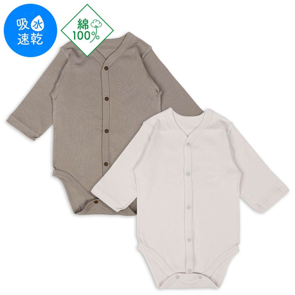 長袖包屁衣2件組-前開式 素面-咖啡色