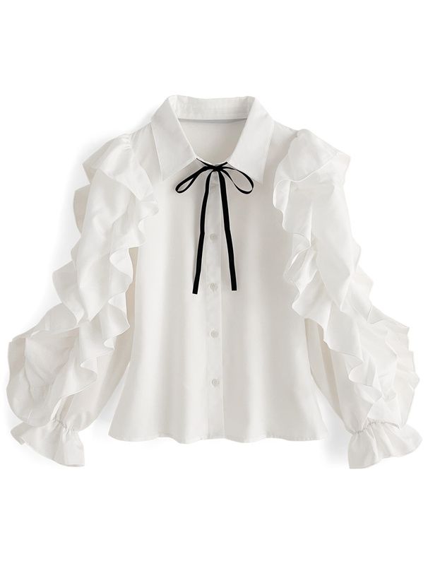 日本 GRL - 華麗荷葉袖翻領長袖襯衫-白 (F)